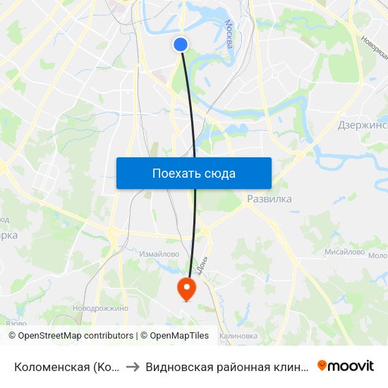 Коломенская (Kolomenskaya) to Видновская районная клиническая больница map