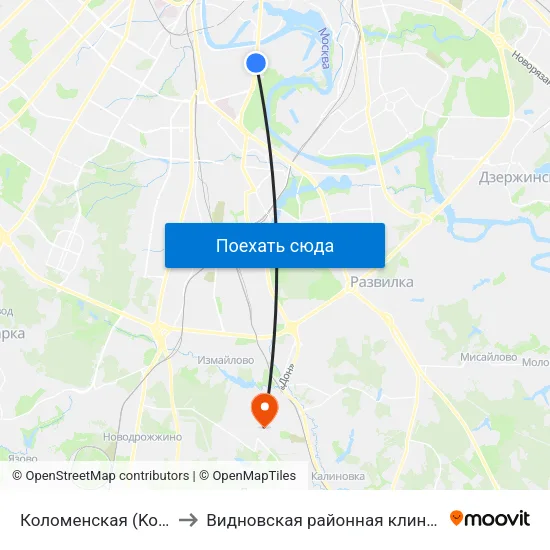 Коломенская (Kolomenskaya) to Видновская районная клиническая больница map