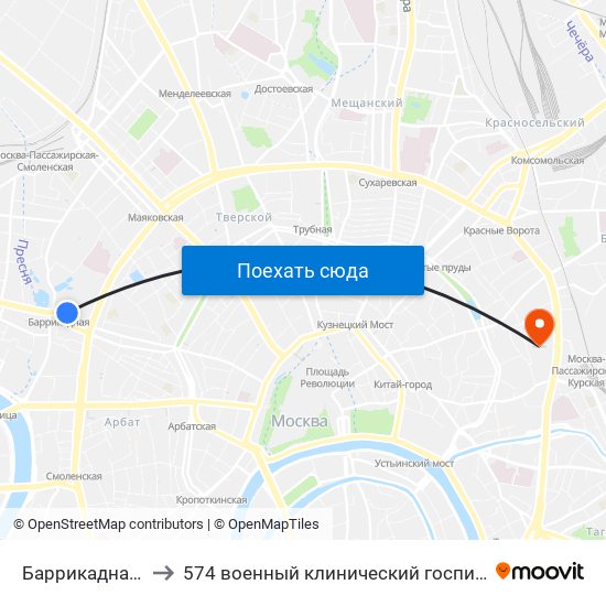 Баррикадная (Barrikadnaya) to 574 военный клинический госпиталь Московского военного округа map