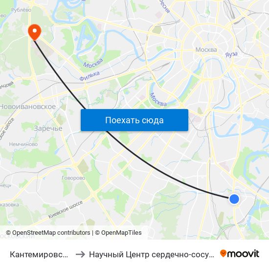 Кантемировская (Kantemirovskaya) to Научный Центр сердечно-сосудистой хирургии им. А. Н. Бакулева РАМН map