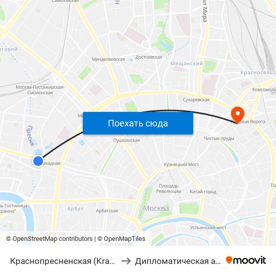 Краснопресненская (Krasnopresnenskaya) to Дипломатическая академия МИД map