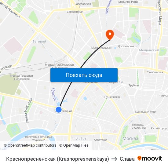 Краснопресненская (Krasnopresnenskaya) to Слава map
