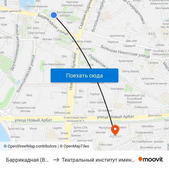Баррикадная (Barrikadnaya) to Театральный институт имени Бориса Щукина map