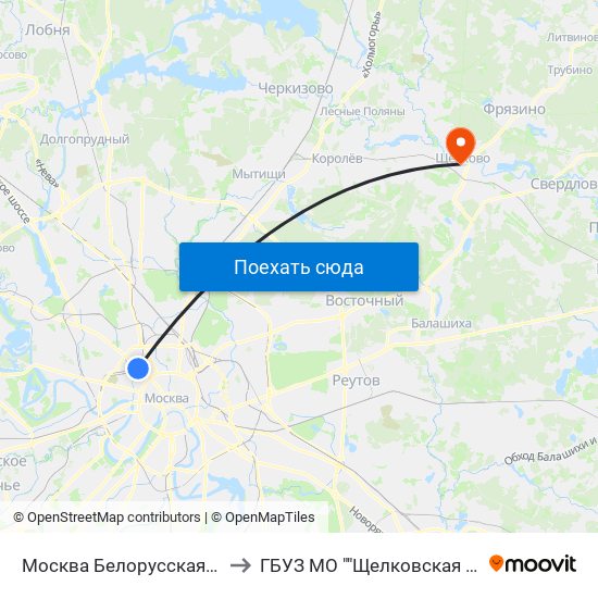 Москва Белорусская (Belorussky Station) to ГБУЗ МО ""Щелковская областная больница"" map