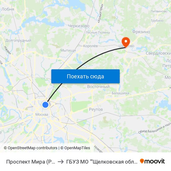 Проспект Мира (Prospekt Mira) to ГБУЗ МО ""Щелковская областная больница"" map