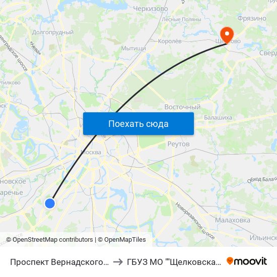 Проспект Вернадского (Prospekt Vernadskogo) to ГБУЗ МО ""Щелковская областная больница"" map