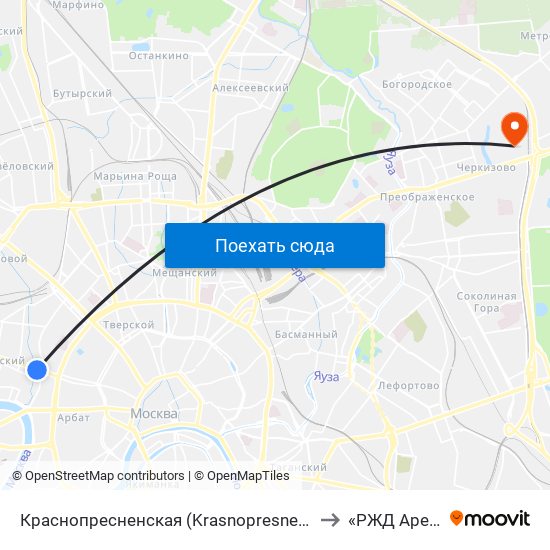 Краснопресненская (Krasnopresnenskaya) to «РЖД Арена» map
