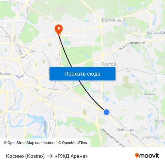 Косино (Kosino) to «РЖД Арена» map
