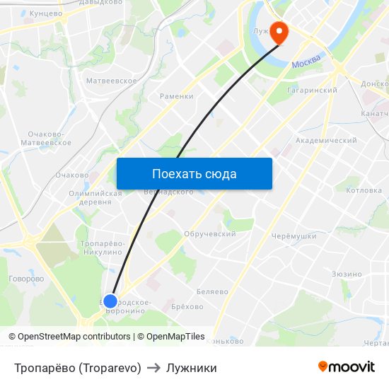 Тропарёво (Troparevo) to Лужники map