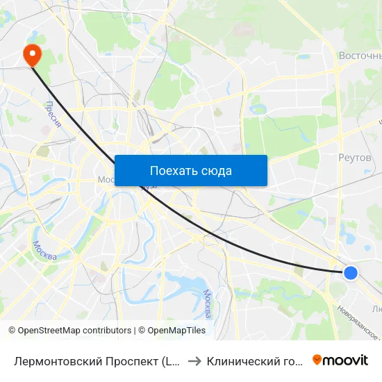 Лермонтовский Проспект (Lermontovsky Prospekt) to Клинический госпиталь ГУВД map