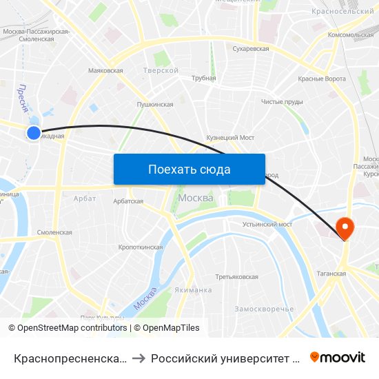 Краснопресненская (Krasnopresnenskaya) to Российский университет театрального искусства ГИТИС map