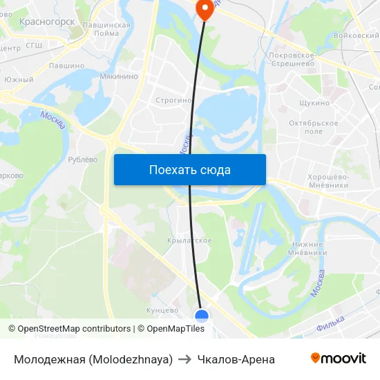 Молодежная (Molodezhnaya) to Чкалов-Арена map