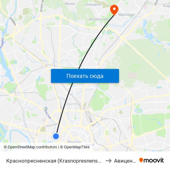 Краснопресненская (Krasnopresnenskaya) to Авиценна map