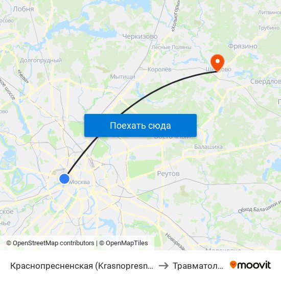 Краснопресненская (Krasnopresnenskaya) to Травматология map