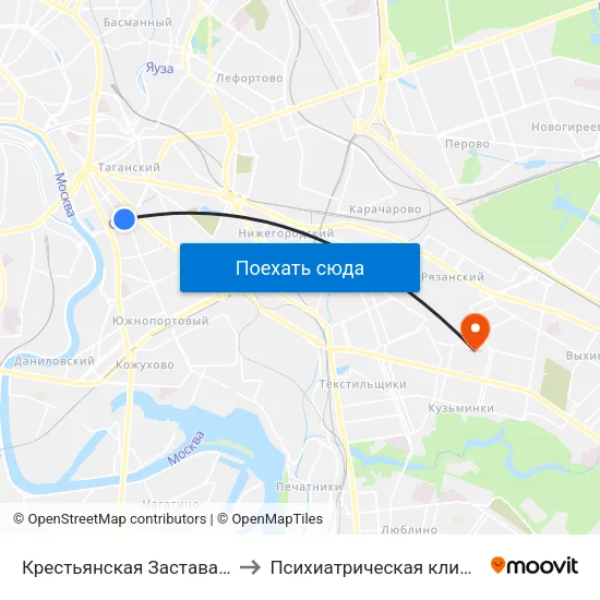 Крестьянская Застава (Krestyanskaya Zastava) to Психиатрическая клиническая больница № 13 map