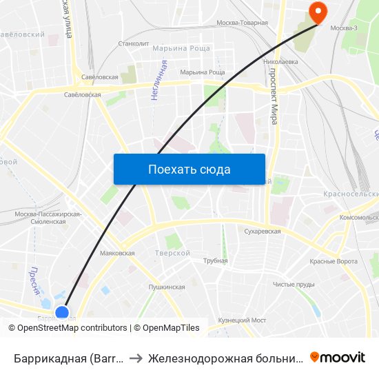 Баррикадная (Barrikadnaya) to Железнодорожная больница Москва-3 map