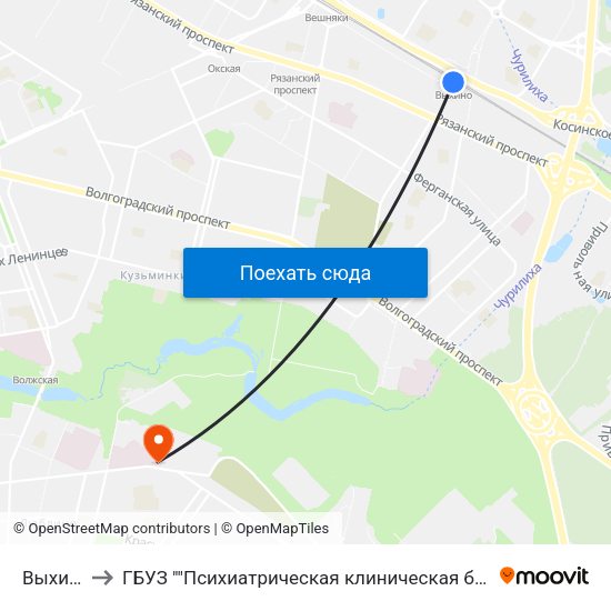 Выхино (Vykhino) to ГБУЗ ""Психиатрическая клиническая больница №13 Департамента здравоохранения города Москвы"" map