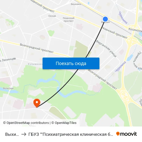 Выхино (Vykhino) to ГБУЗ ""Психиатрическая клиническая больница №13 Департамента здравоохранения города Москвы"" map