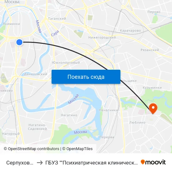 Серпуховская (Serpukhovskaya) to ГБУЗ ""Психиатрическая клиническая больница №13 Департамента здравоохранения города Москвы"" map