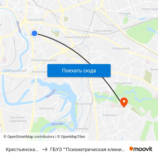 Крестьянская Застава (Krestyanskaya Zastava) to ГБУЗ ""Психиатрическая клиническая больница №13 Департамента здравоохранения города Москвы"" map