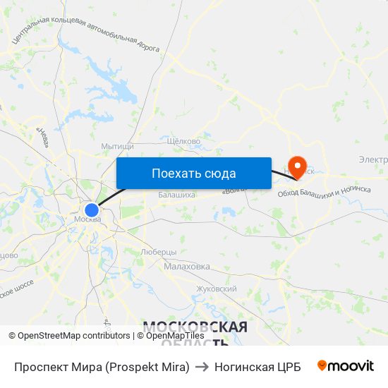 Проспект Мира (Prospekt Mira) to Ногинская ЦРБ map