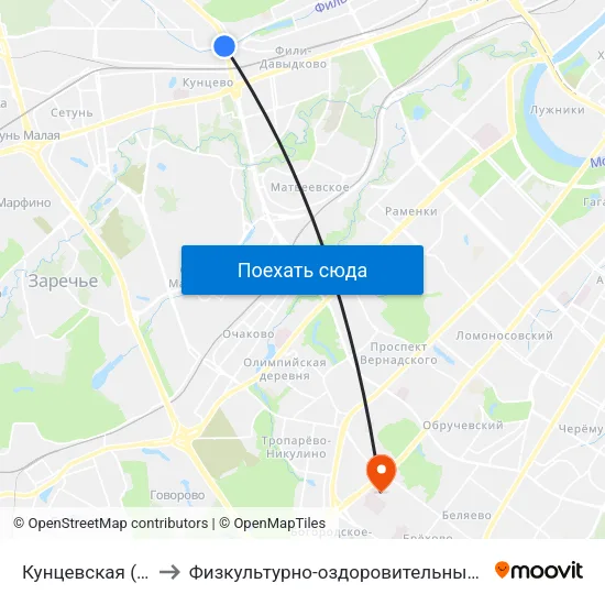 Кунцевская (Kuntsevskaya) to Физкультурно-оздоровительный комплекс РУДН (ФОК РУДН) map