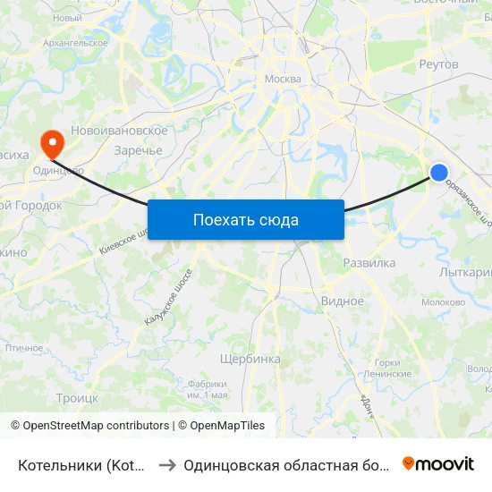 Котельники (Kotelniki) to Одинцовская областная больница map