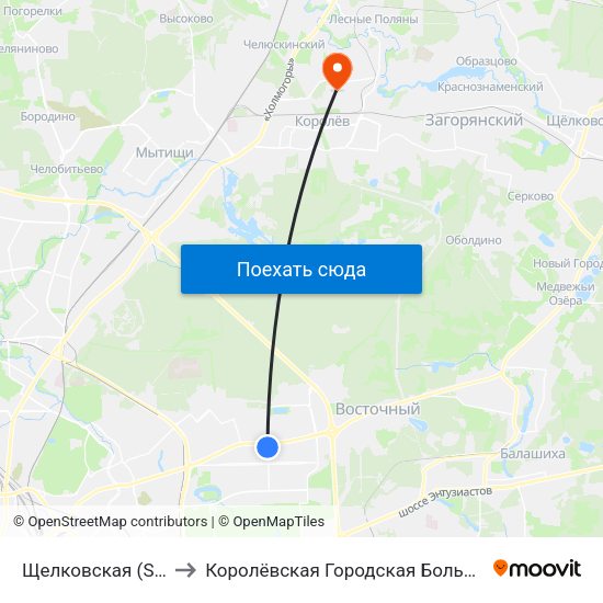 Щелковская (Schelkovskaya) to Королёвская Городская Больница филиал Юбилейный map