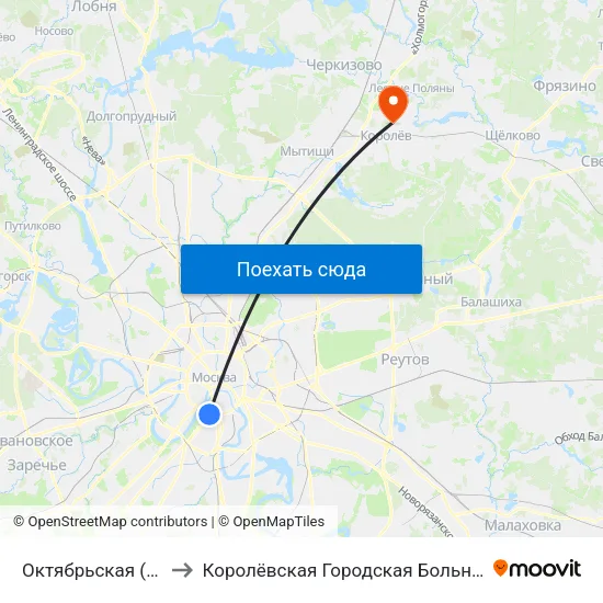 Октябрьская (Oktyabrskaya) to Королёвская Городская Больница филиал Юбилейный map