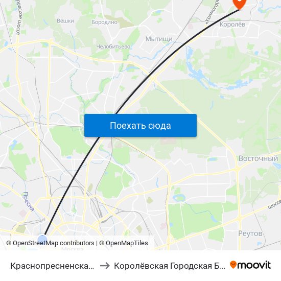 Краснопресненская (Krasnopresnenskaya) to Королёвская Городская Больница филиал Юбилейный map