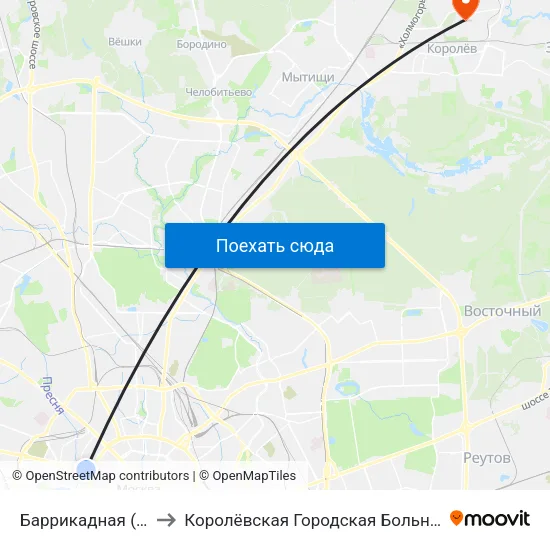 Баррикадная (Barrikadnaya) to Королёвская Городская Больница филиал Юбилейный map