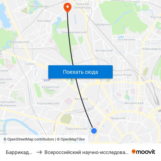 Баррикадная (Barrikadnaya) to Всероссийский научно-исследовательский институт гидротехники и милиорации map