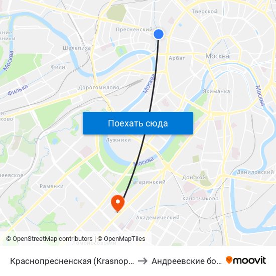 Краснопресненская (Krasnopresnenskaya) to Андреевские больницы map