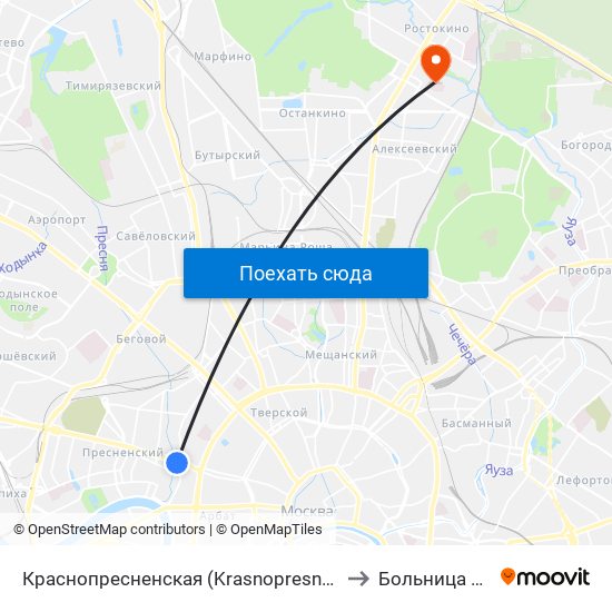 Краснопресненская (Krasnopresnenskaya) to Больница №40 map