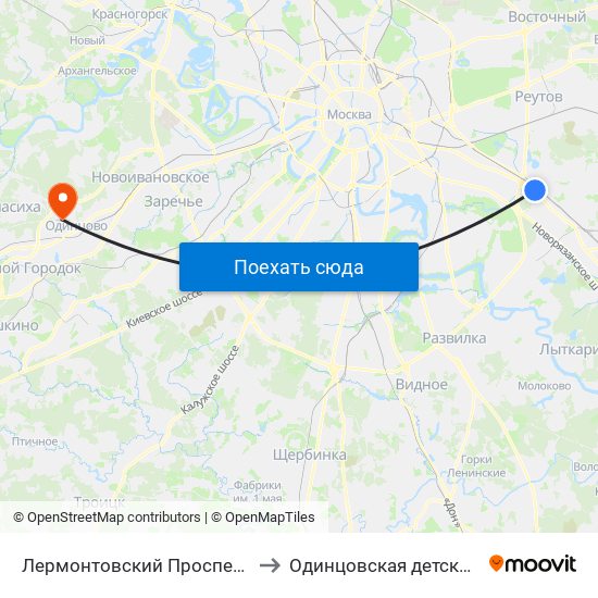 Лермонтовский Проспект (Lermontovsky Prospekt) to Одинцовская детская городская больница map