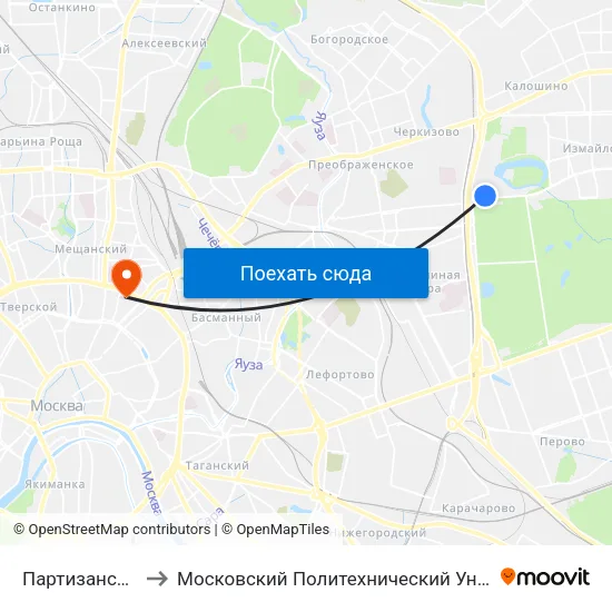 Партизанская (Partizanskaya) to Московский Политехнический Университет, отделение «На Садовой-Спасской» map