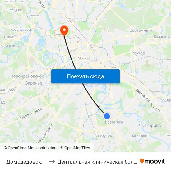 Домодедовская (Domodedovskaya) to Центральная клиническая больница №1 ОАО ""РЖД"" (2-я территория) map