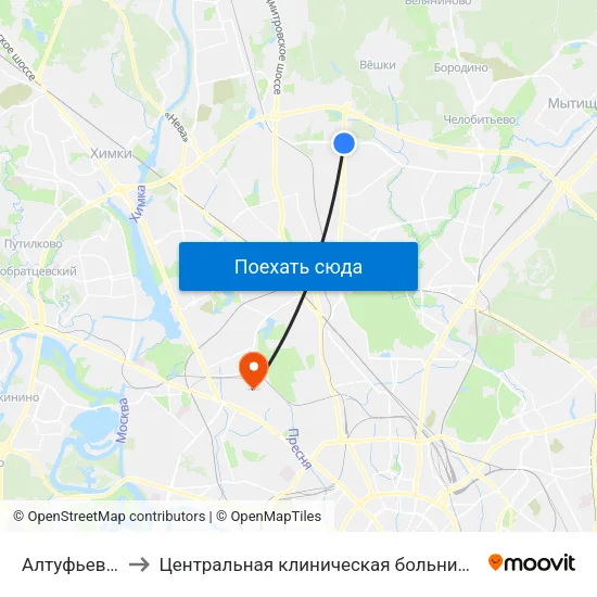 Алтуфьево (Altufyevo) to Центральная клиническая больница №1 ОАО ""РЖД"" (2-я территория) map