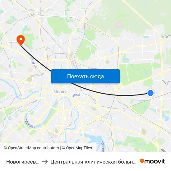 Новогиреево (Novogireevo) to Центральная клиническая больница №1 ОАО ""РЖД"" (2-я территория) map
