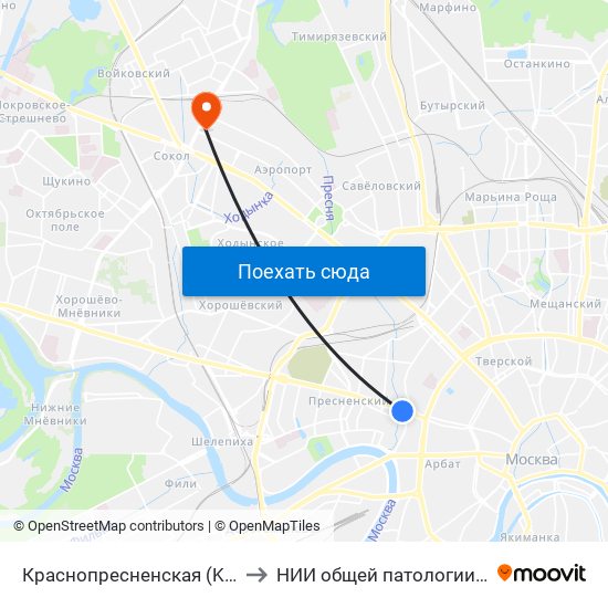 Краснопресненская (Krasnopresnenskaya) to НИИ общей патологии и патофизиологии map