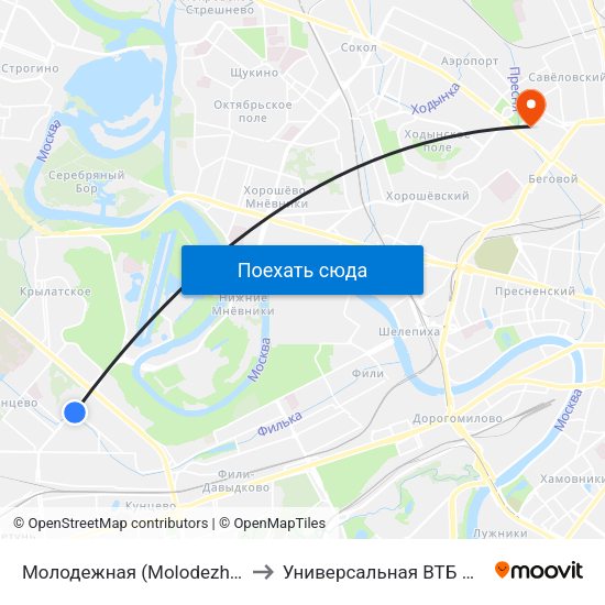 Молодежная (Molodezhnaya) to Универсальная ВТБ Арена map