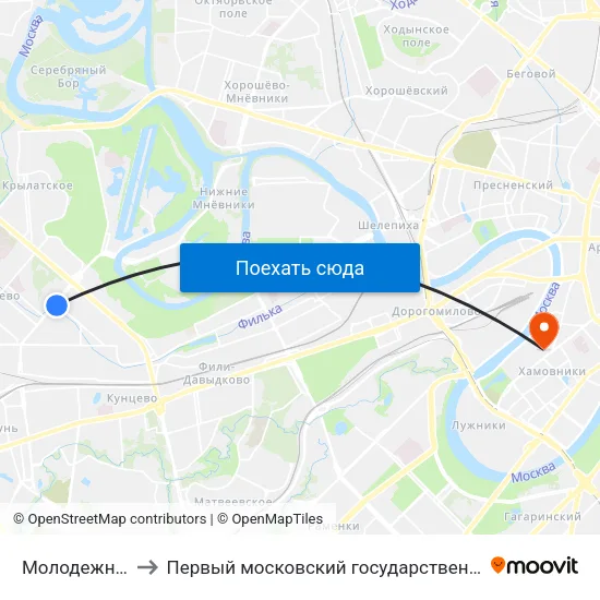 Молодежная (Molodezhnaya) to Первый московский государственный медицинский университет им. И. М. Сеченова map