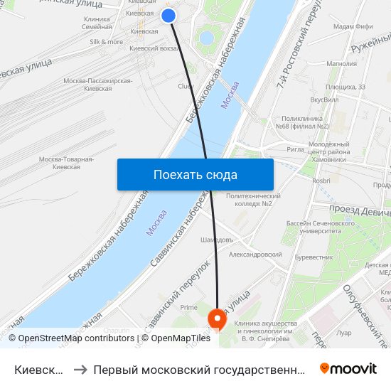 Киевская (Kievskaya) to Первый московский государственный медицинский университет им. И. М. Сеченова map