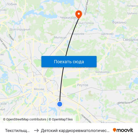 Текстильщики (Tekstilschiki) to Детский кардиоревматологический санаторий «Клязьма» ФМБА России map