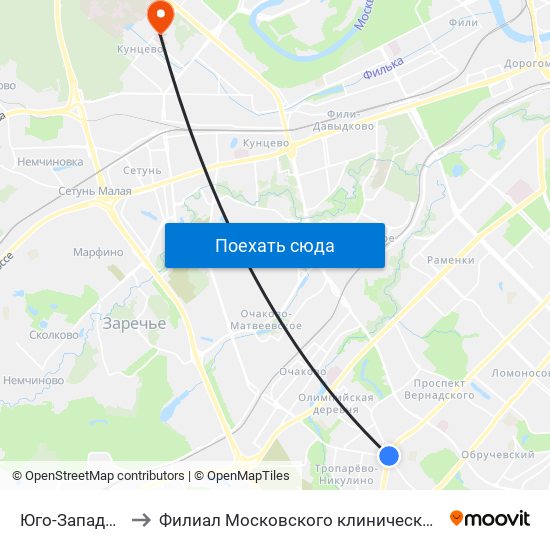 Юго-Западная (Yugo-Zapadnaya) to Филиал Московского клинического научного центра имени А. С. Логинова на Павлова map