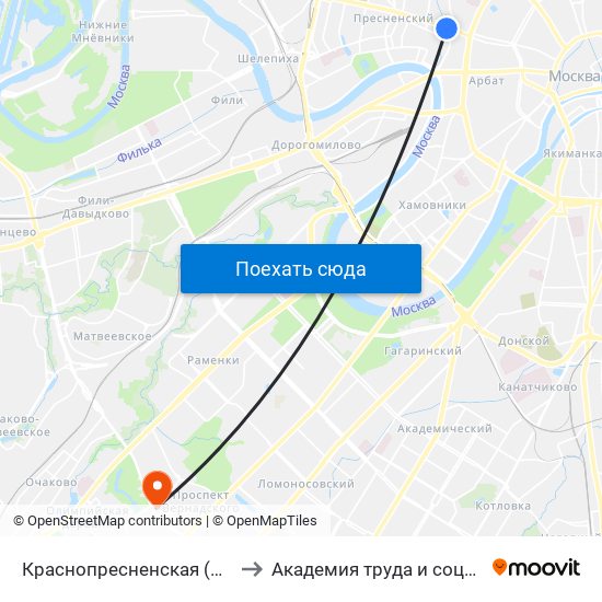 Краснопресненская (Krasnopresnenskaya) to Академия труда и социальных отношений map