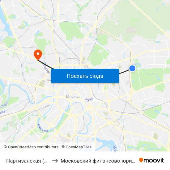 Партизанская (Partizanskaya) to Московский финансово-юридический университет map