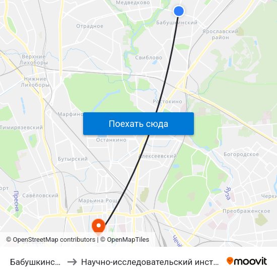 Бабушкинская (Babushkinskaya) to Научно-исследовательский институт фтизиопульмонологии ММА им. И.М.Сеченова map