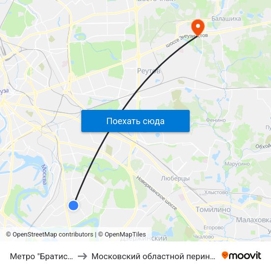 Метро "Братиславская" to Московский областной перинатальный центр map