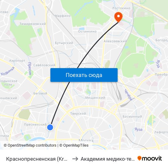 Краснопресненская (Krasnopresnenskaya) to Академия медико-технических наук map